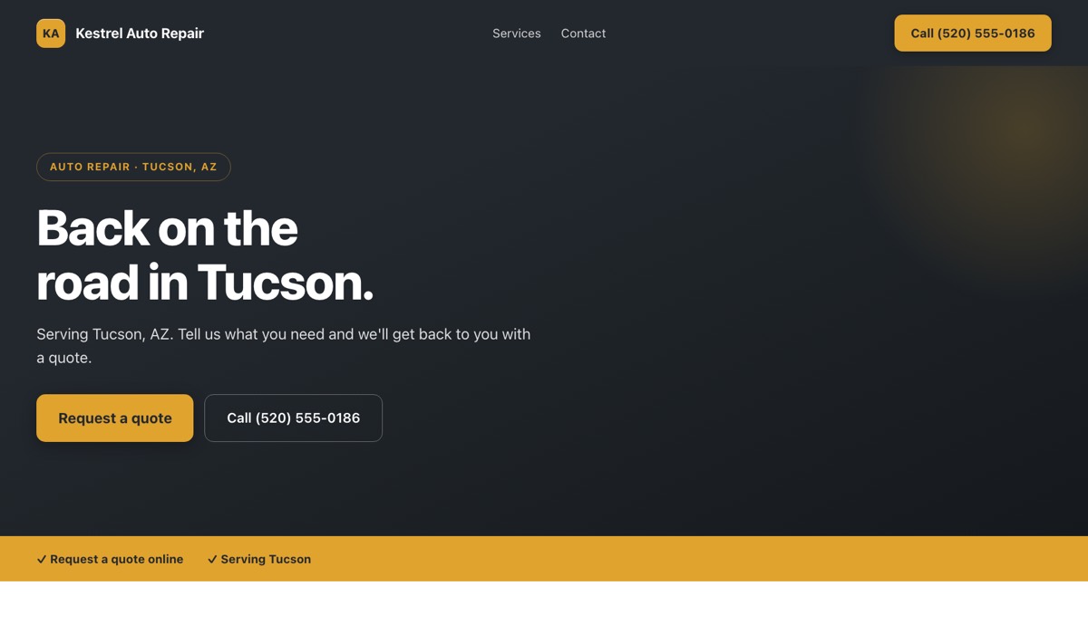 An example auto repair website built by Onelios: the business name and a call button in the header, the kind of business and the city above the headline, and buttons to request a quote and to call.