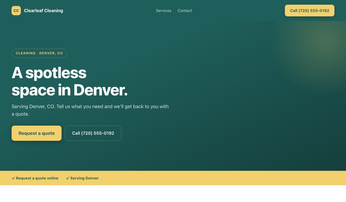 An example cleaning website built by Onelios: the business name and a call button in the header, the kind of business and the city above the headline, and buttons to request a quote and to call.