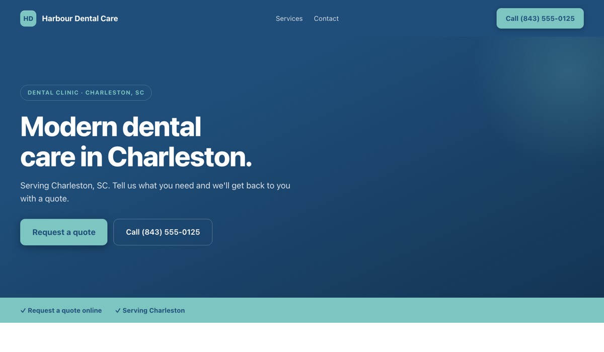 An example dental website built by Onelios: the business name and a call button in the header, the kind of business and the city above the headline, and buttons to request a quote and to call.