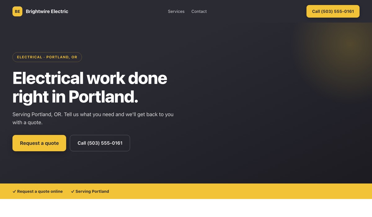 An example electrical website built by Onelios: the business name and a call button in the header, the kind of business and the city above the headline, and buttons to request a quote and to call.