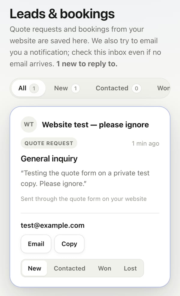 The Leads & bookings inbox on a phone with one quote request from Website test — please ignore, sent from test@example.com, with the message “Testing the quote form on a private test copy. Please ignore.” and the status New.
