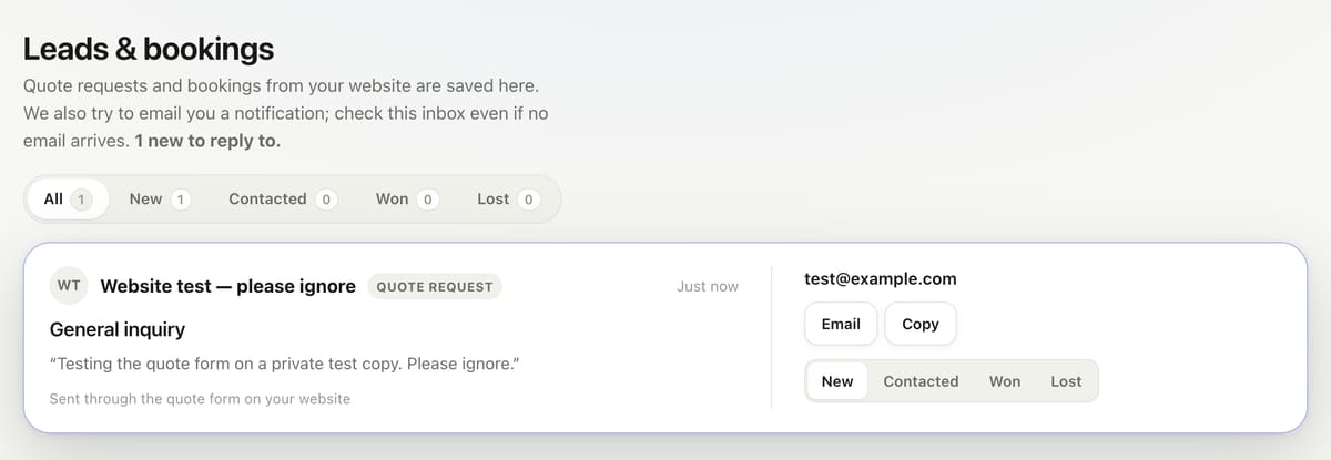 The Leads & bookings inbox with one quote request from Website test — please ignore, sent from test@example.com, with the message “Testing the quote form on a private test copy. Please ignore.” and the status New.