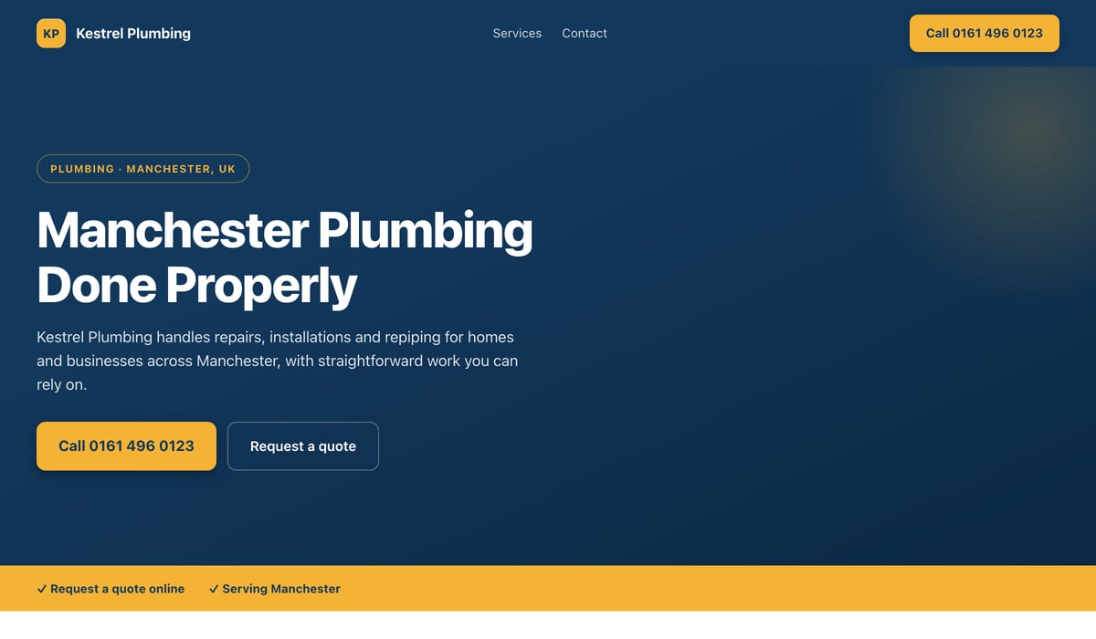 An example plumbing website in Manchester, UK, built by Onelios: the business name, the headline “Manchester Plumbing Done Properly” written by the AI, and buttons to call or ask for a quote.