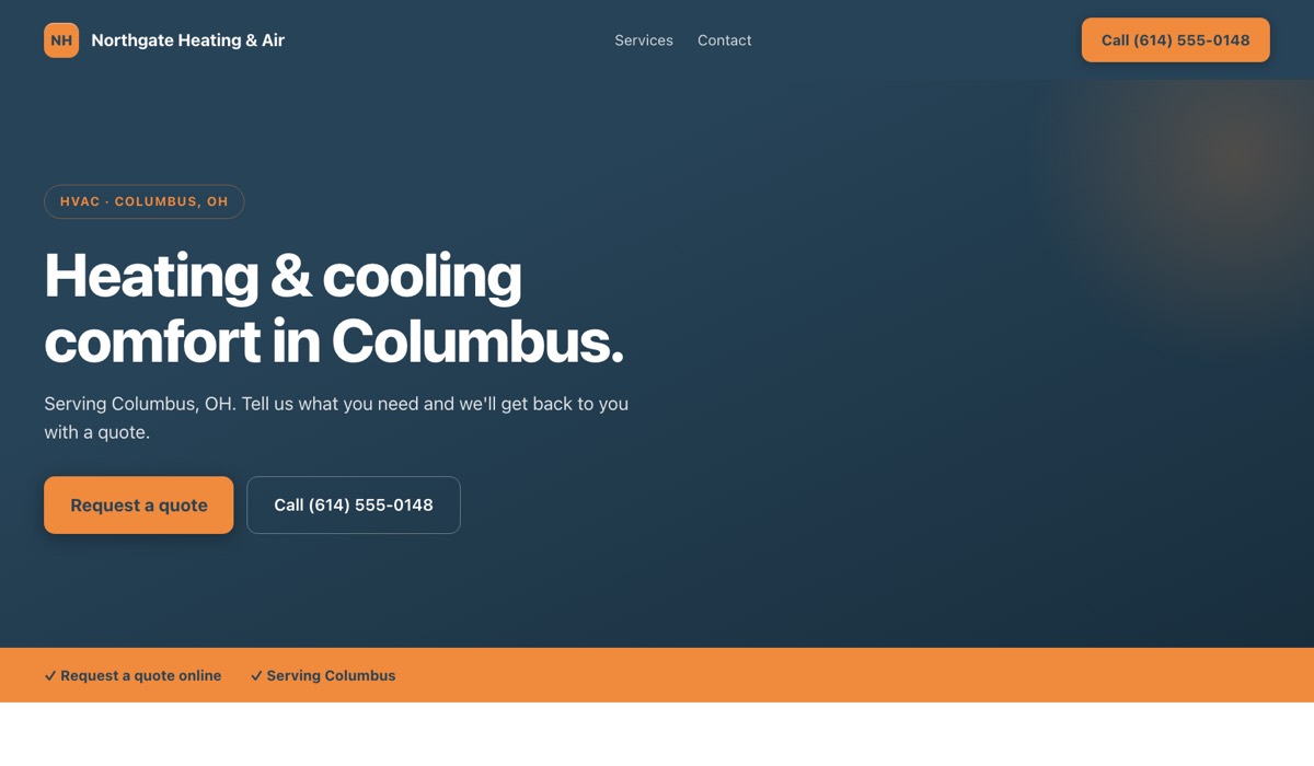 An example HVAC website built by Onelios for Northgate Heating & Air in Columbus, Ohio: the business name and a call button in the header, “HVAC · Columbus, OH” above the headline “Heating & cooling comfort in Columbus.”, and buttons to request a quote or call.