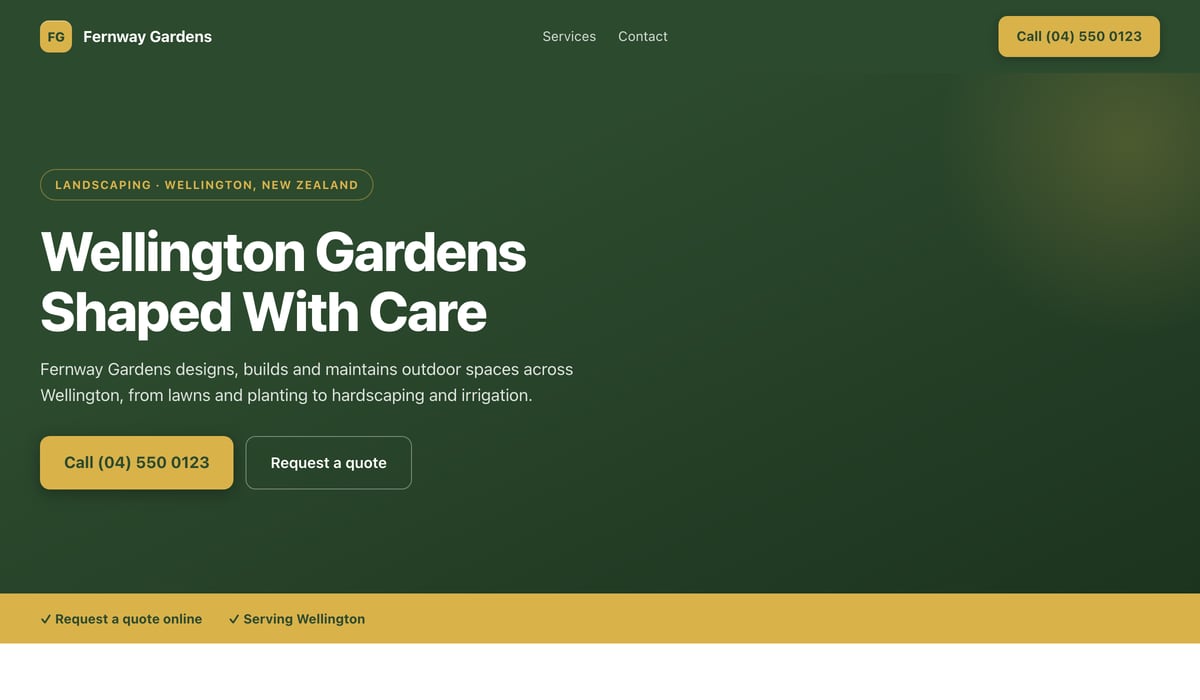 An example landscaping website in Wellington, New Zealand, built by Onelios: the business name, a call button, the headline “Wellington Gardens Shaped With Care” written by the AI, and buttons to call or ask for a quote.