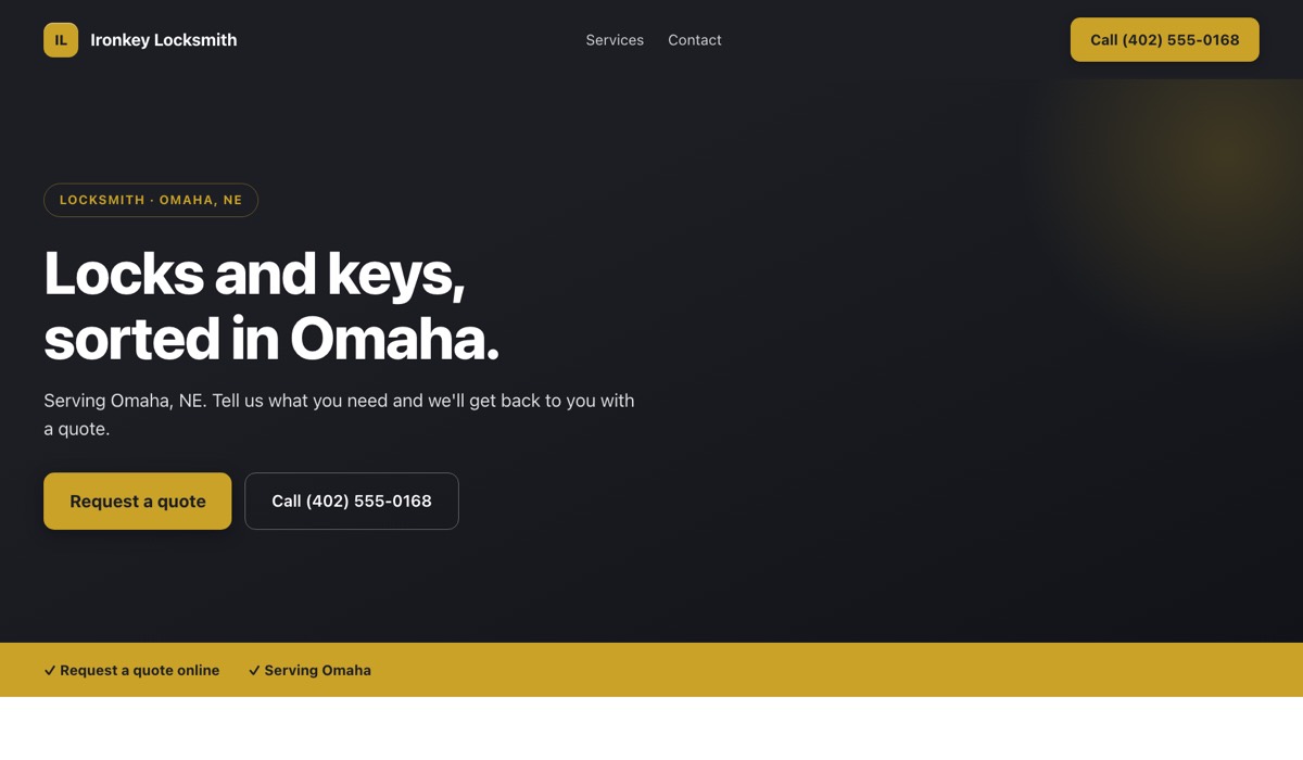 An example locksmith website built by Onelios for a made-up business, Ironkey Locksmith in Omaha, Nebraska: the name and a Call button in the top bar, the headline “Locks and keys, sorted in Omaha.”, and buttons to request a quote and to call.