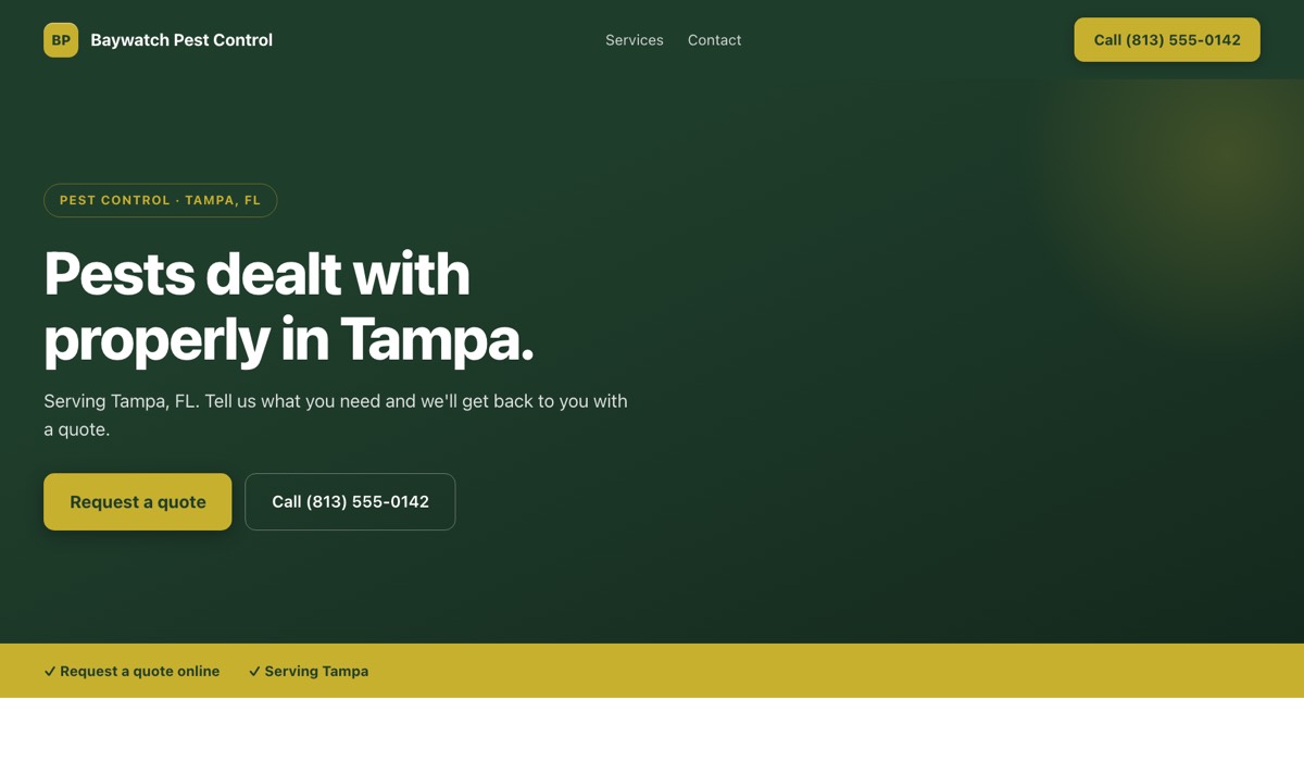 An example pest control website built by Onelios: the business name and a call button in the header, the kind of business and the city above the headline, and buttons to request a quote and to call.