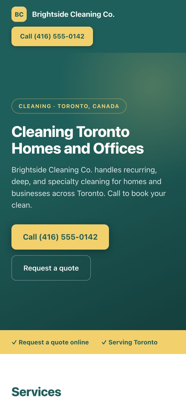 An example cleaning company website in Toronto, Canada, built by Onelios: the business name, the headline “Cleaning Toronto Homes and Offices” written by the AI, and buttons to call or ask for a quote.