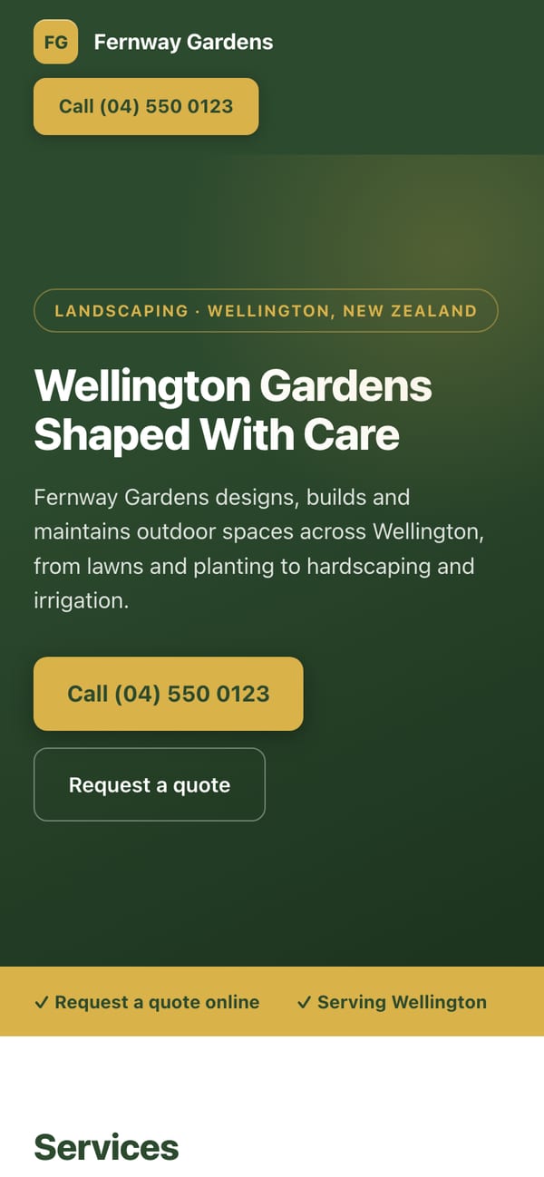 The same landscaping website on a phone: the name, the headline, and the call and quote buttons stacked.