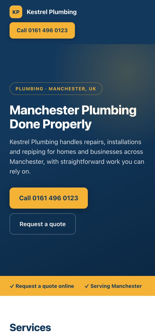 An example plumbing website in Manchester, UK, built by Onelios: the business name, the headline “Manchester Plumbing Done Properly” written by the AI, and buttons to call or ask for a quote.