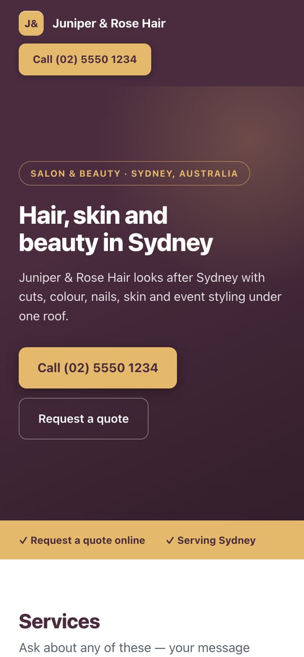 An example salon website in Sydney, Australia, built by Onelios: the business name, the headline “Hair, skin and beauty in Sydney” written by the AI, and buttons to call or ask for a quote.