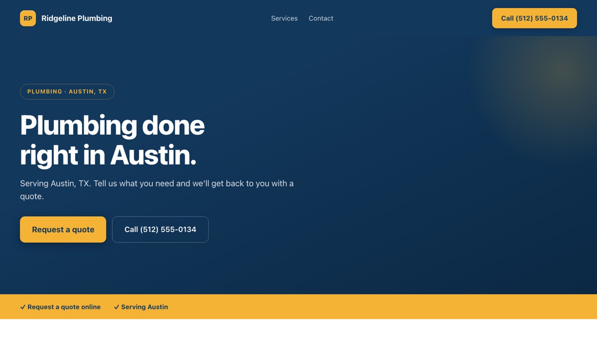 A plumbing website built by Onelios: navy and gold, with the trade and city in the headline, a quote button and a call button.