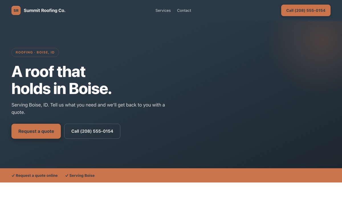 An example roofing website built by Onelios: the business name and a call button in the header, the kind of business and the city above the headline, and buttons to request a quote and to call.