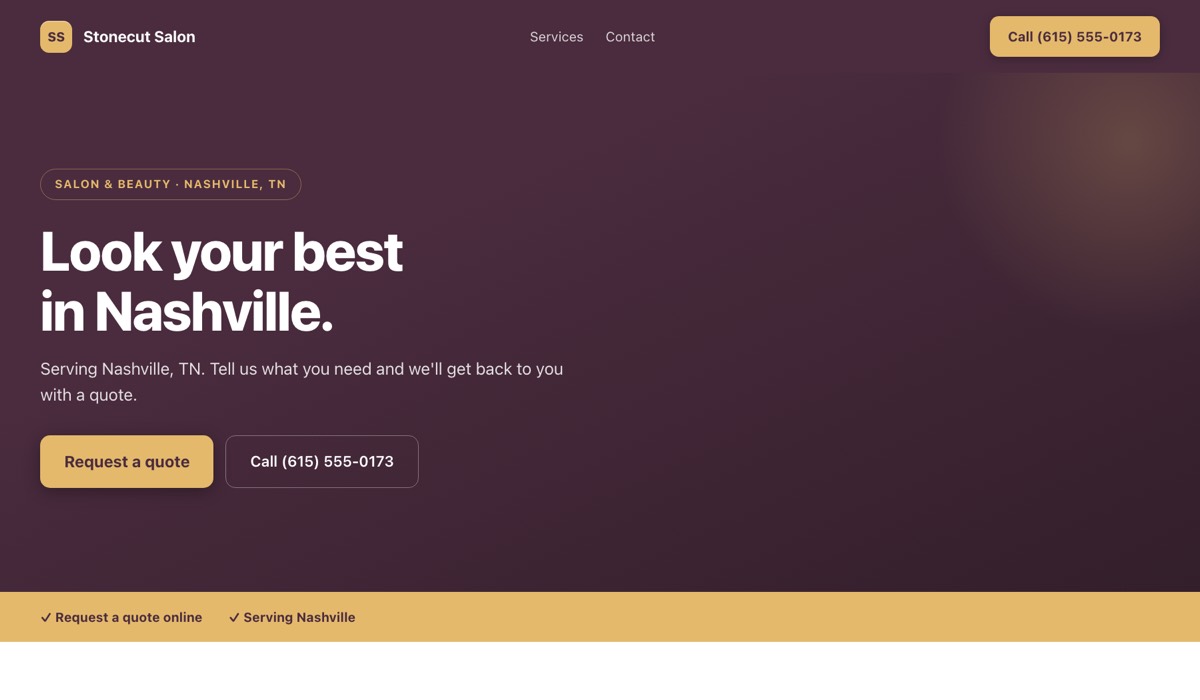 An example salon website built by Onelios: the business name and a call button in the header, the kind of business and the city above the headline, and buttons to request a quote and to call.