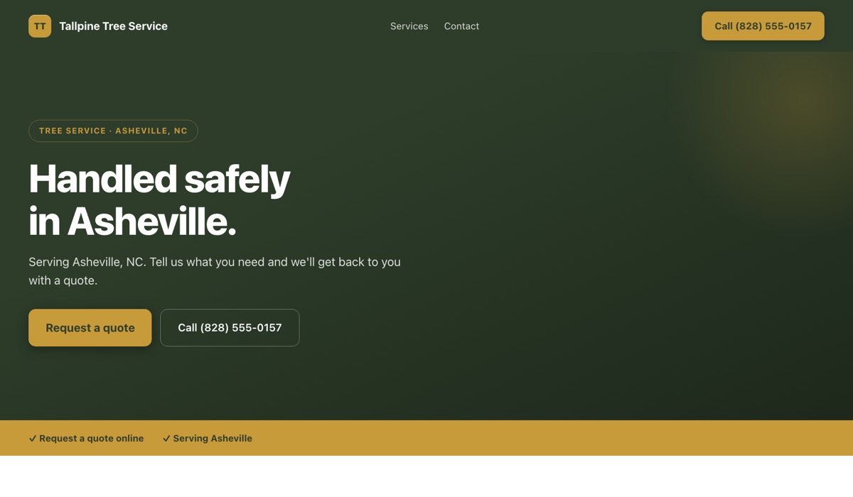An example tree service website built by Onelios: the business name and a call button in the header, the kind of business and the city above the headline, and buttons to request a quote and to call.